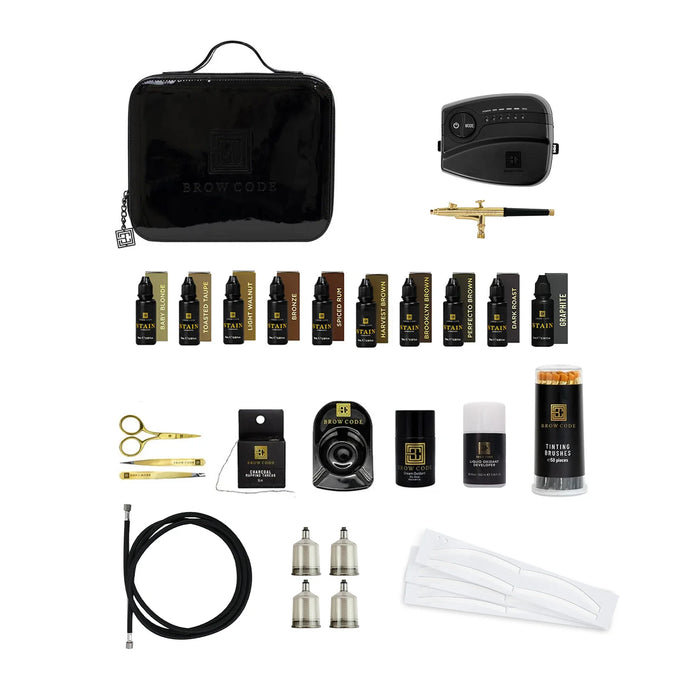 Brow Code Professional Hybrid Stain Kit with Airbrush Machine & Silicone Eye Brow Stencils