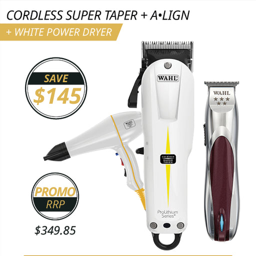 Wahl Super Taper Cordless Clipper & Align Trimmer & White Power Dryer Combo